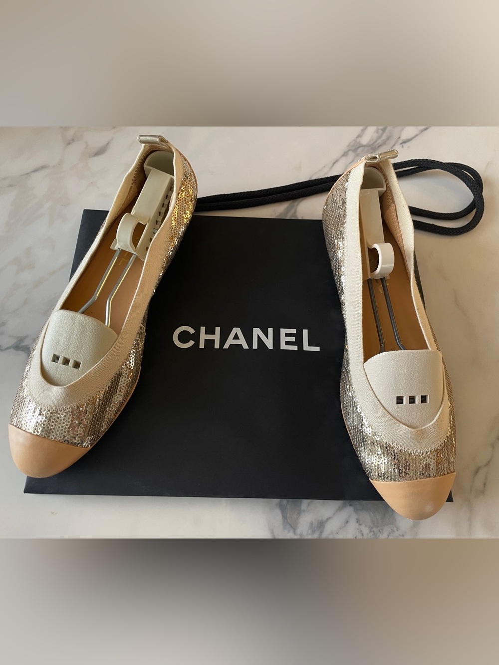 CHANEL Gold Sequin and Cream Cap-Toe Ballet Flats